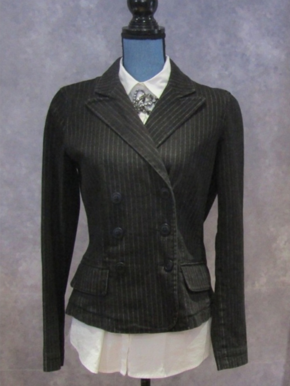 🇺🇸RALPH LAUREN JEANS CO. Black Charcoal Denim Pinstripe Double-Breasted Blazer